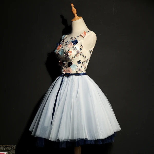 Chic / Beautiful Navy Blue Graduation Dresses 2018 Homecoming A-Line / Princess Tulle U-Neck Embroidered Appliques Backless Beading Cocktail Party Formal Dresses