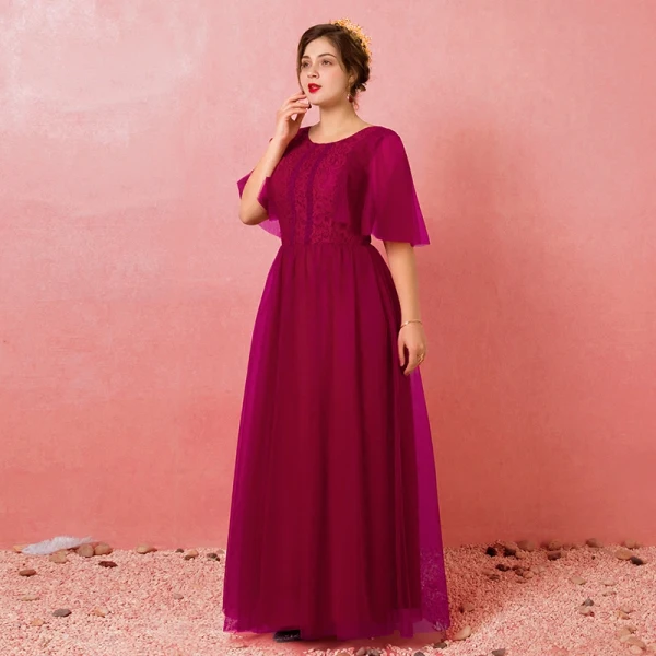 Modest / Simple Burgundy Plus Size Evening Dresses 2018 A-Line / Princess Lace-up Tulle U-Neck Appliques Backless Evening Party Formal Dresses