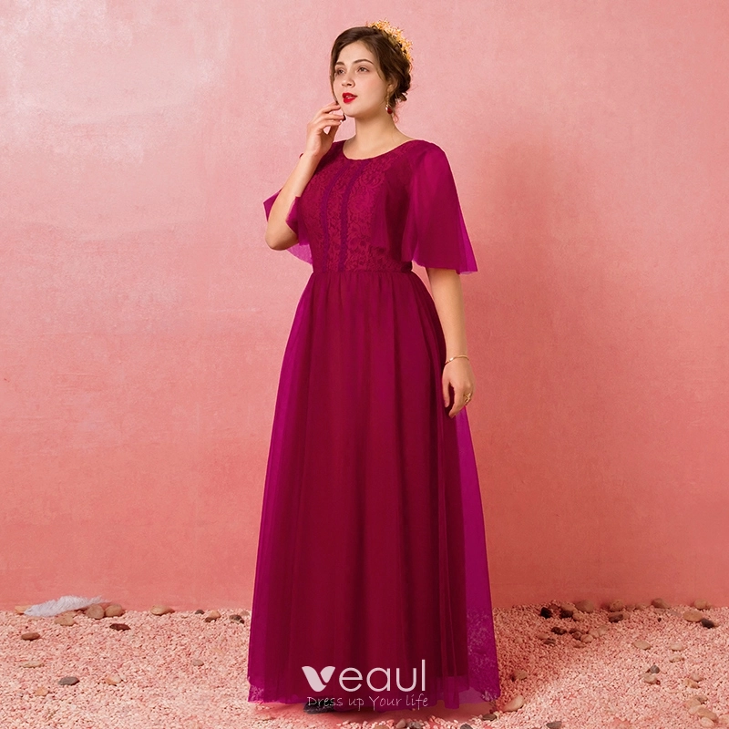 Modest Simple Burgundy Plus Size Evening Dresses 2018 A Line Princess Lace up Tulle U Neck Appliques Backless Evening Party Formal Dresses
