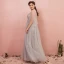 Chic / Belle Gris Grande Taille Robe De Bal 2018 Princesse V-Cou Tulle Lacer Appliques Dos Nu Perlage Paillettes Soirée Robe De Soirée