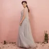 Chic / Belle Gris Grande Taille Robe De Bal 2018 Princesse V-Cou Tulle Lacer Appliques Dos Nu Perlage Paillettes Soirée Robe De Soirée