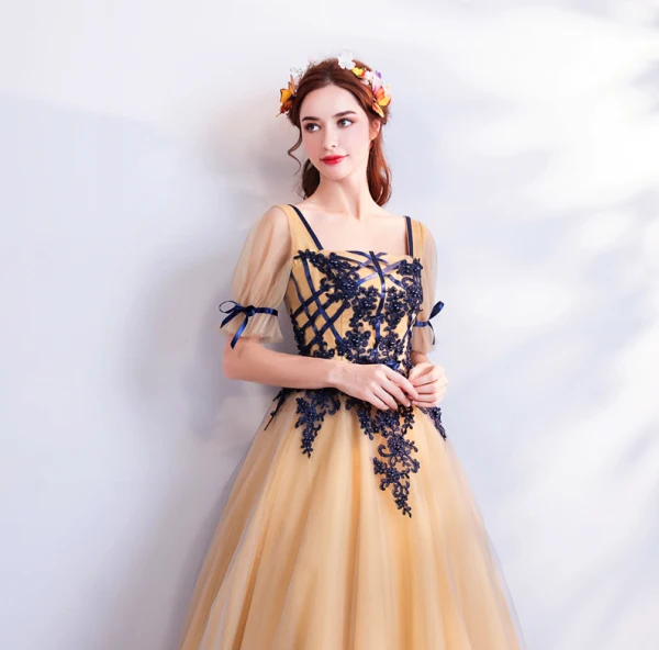 Classic Elegant Yellow Floor-Length / Long Evening Dresses  2018 A-Line / Princess U-Neck Tulle Embroidered Backless Beading Evening Party Prom Dresses