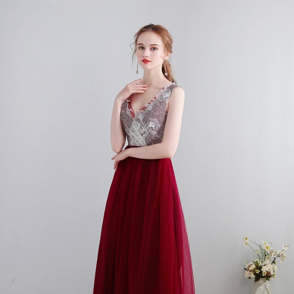 Charming Sexy Floor-Length / Long Evening Dresses 2018 V-Neck Chiffon Lace-up Burgundy Appliques Backless Beading Formal Dresses