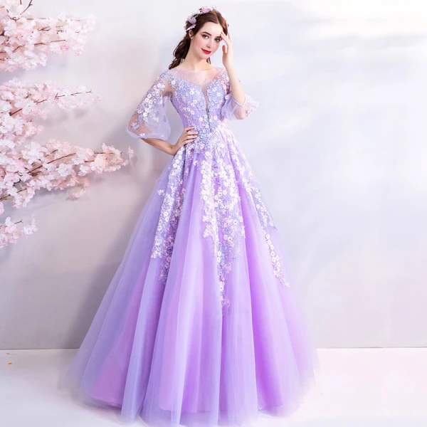 Flower Fairy Lavender Floor-Length / Long Prom Dresses 2018 A-Line / Princess Tulle U-Neck Appliques Backless Beading Evening Party Prom Formal Dresses