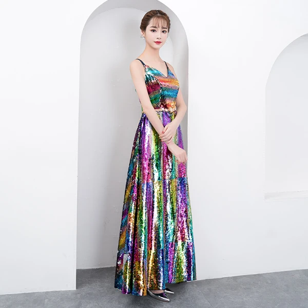 Scintillantes Bling Bling Multi-Couleurs Longue Robe De Soirée 2018 Princesse V-Cou Perlage Paillettes Cocktail Soirée Robe De Ceremonie