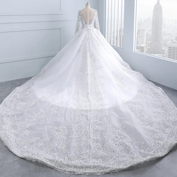 Luxury / Gorgeous White Royal Train Wedding 2018 Tulle U-Neck Backless Beading Crystal Rhinestone Ball Gown Wedding Dresses