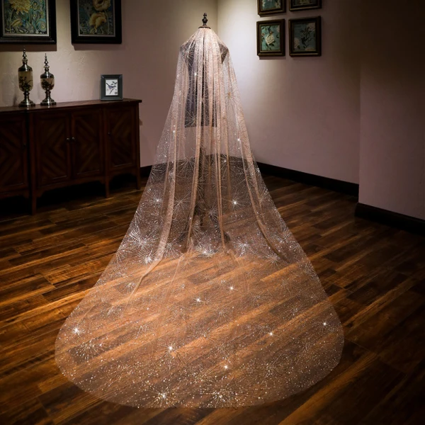 Glittrande Bling Bling Champagne 3 m Cathedral Train Bröllop Beading Paljetter Tyll Brudslöja 2018