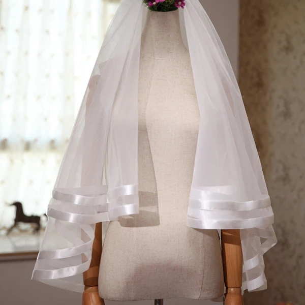 Modest / Simple White Wedding Short Striped Tulle 1.5 m Wedding Veils 2018