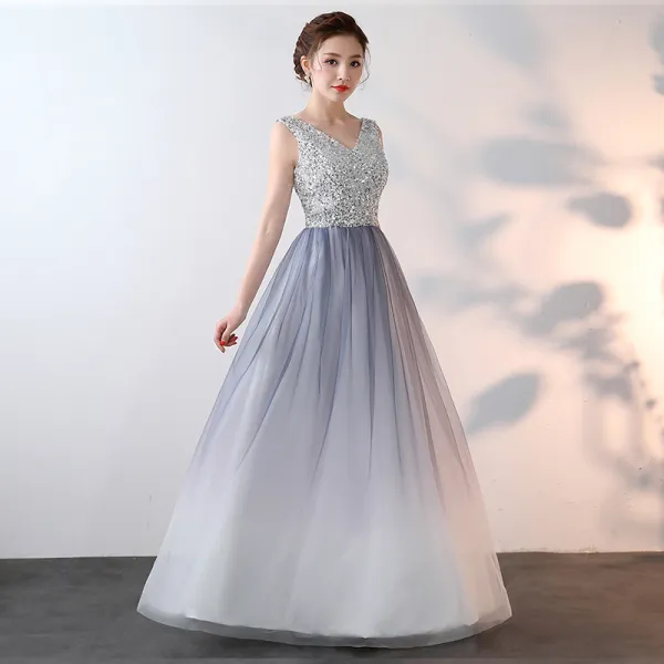 Sparkly Bling Bling Silver Floor-Length / Long Evening Dresses  2018 A-Line / Princess V-Neck Tulle Appliques Beading Sequins Evening Party Formal Dresses