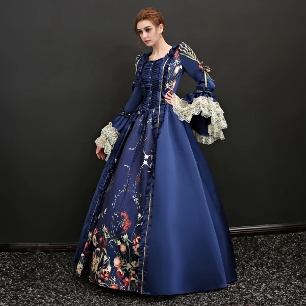 Vintage / Retro Traditional Floor-Length / Long Ball Gown Navy Blue Prom Dresses 2018 Lace-up U-Neck Charmeuse Backless Printing Prom Formal Dresses