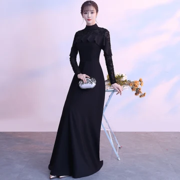 Modest Simple Black Floor Length Long Evening Dresses 2018 A Line Princess Lace Up High Neck Long Sleeve Charmeuse Formal Dresses