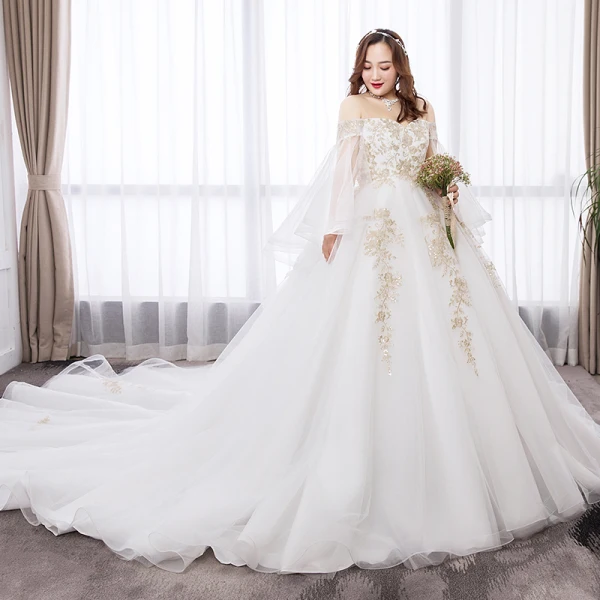 Chic / Belle Blanche Robe Boule Grande Taille Robe De Mariée 2019 Tulle Manches Longues Appliques Dos Nu Brodé Paillettes Bustier Chapel Train Mariage