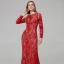 Chic / Beautiful Red Mother Of The Bride Dresses 2020 Trumpet / Mermaid Long Sleeve U-Neck Beading Embroidered Rhinestone Sweep Train Wedding Evening Party Wedding Party Dresses