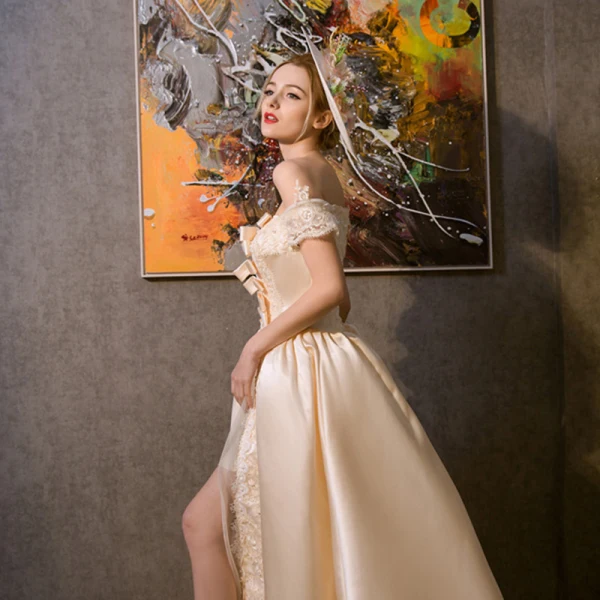 Vintage / Retro Medieval Champagne Prom Dresses 2021 A-Line / Princess Off-The-Shoulder Sleeveless Crossed Straps Lace Tulle Appliques Backless Sweep Train Prom Formal Dresses