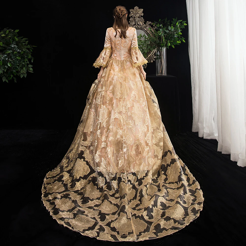Vintage Retro Medieval Bling Bling Fabulous Gold Ball Gown Prom Dresses 2021 Long Sleeve