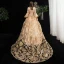 Vintage / Retro Medieval Bling Bling Fabulous Gold Ball Gown Prom Dresses 2021 Long Sleeve 3D Lace V-Neck Puffy Printing Chapel Train Cosplay