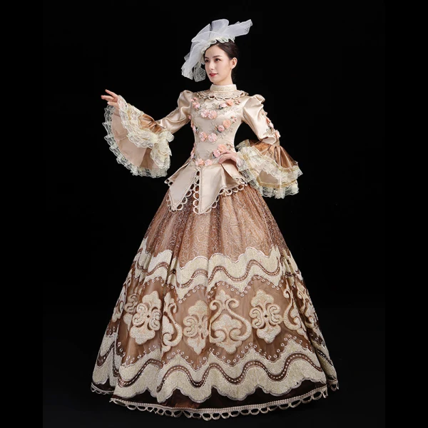 Vintage / Retro Medieval Champagne Ball Gown Prom Dresses 2021 Long Sleeve High Neck Floor-Length / Long 3D Lace Appliques Embroidered Flower Cosplay Prom Formal Dresses