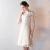 Elegant Graduation Dresses Champagne 2017 3/4 Sleeve Lace Zipper Up Appliques Backless Pierced Printing U-Neck Cocktail Party Evening Party Ball Gown Outdoor / Garden