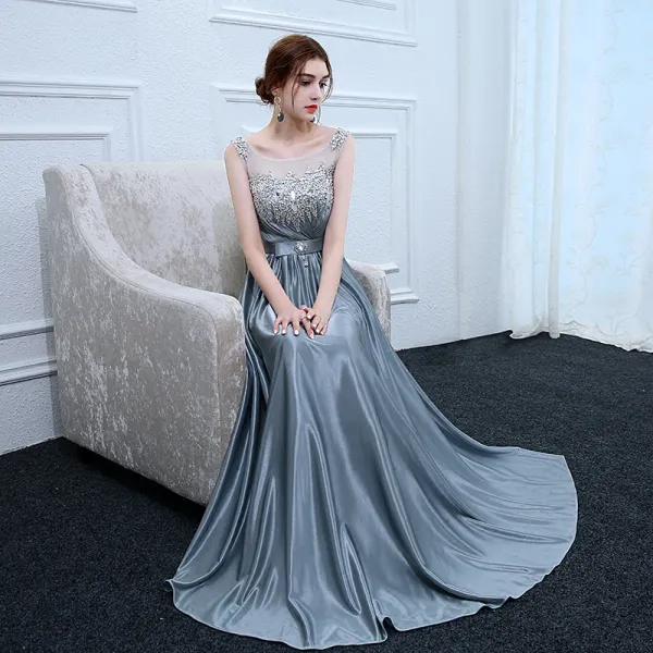 Chic / Beautiful Ink Blue Evening Dresses  2017 A-Line / Princess Charmeuse U-Neck Backless Beading Sequins Crystal Rhinestone Evening Party Formal Dresses