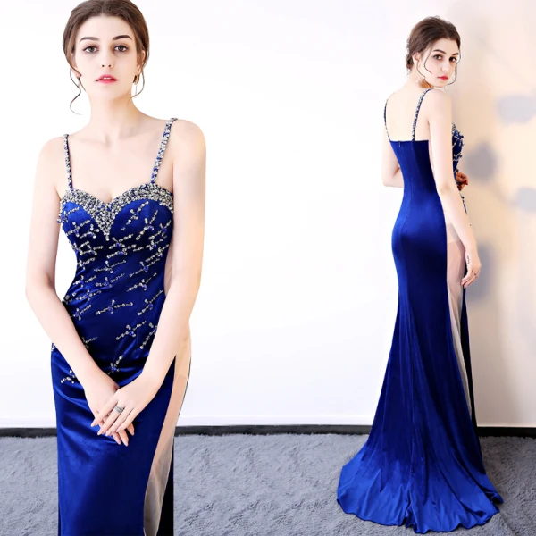 Sexy Bleu Roi Robe De Soirée 2017 Trompette / Sirène Bretelles Spaghetti Dos Nu Perlage Paillettes Soirée Robe De Ceremonie
