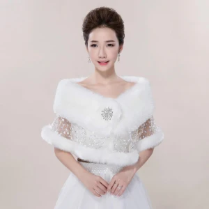 Weiß Winter Spitze Pailletten Kunstpelz Hochzeit Ball Tücher 2017
