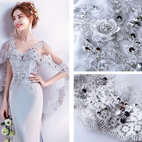 Chic / Beautiful Grey Evening Dresses 2018 Trumpet / Mermaid V-Neck Lace Appliques Backless Beading Rhinestone Evening Party Formal Dresses