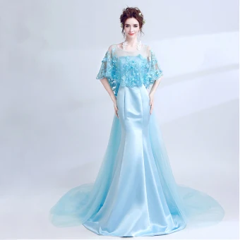 Classic Elegant Sky Blue Evening Dresses 2018 Trumpet Mermaid U Neck Charmeuse Butterfly Backless Embroidered Evening Party Formal Dresses
