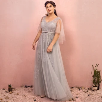 Chic Beautiful Grey Plus Size Prom Dresses 2018 A Line Princess V Neck Tulle Lace Up Appliques Backless Beading Sequins Evening Party Evening Dresses