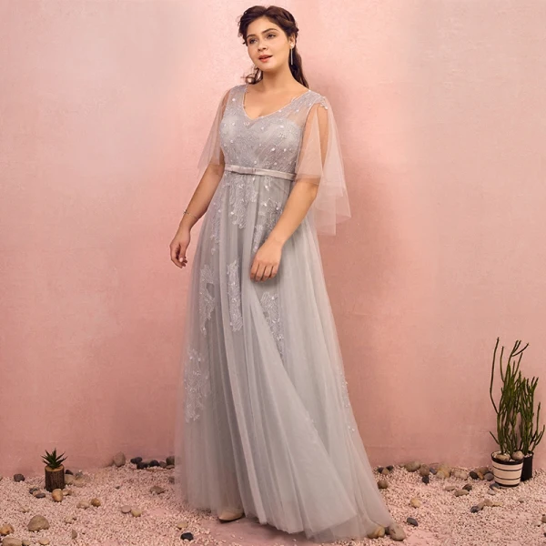 Chic Beautiful Grey Plus Size Prom Dresses 2018 A-Line Princess V-Neck Tulle Lace-up Chic Beautiful Grey Plus Size Prom Dresses 2018 A-Line Princess V-Neck Tulle Lace-up