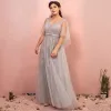 Chic / Beautiful Grey Plus Size Prom Dresses 2018 A-Line / Princess V-Neck Tulle Lace-up Appliques Backless Beading Sequins Evening Party Evening Dresses