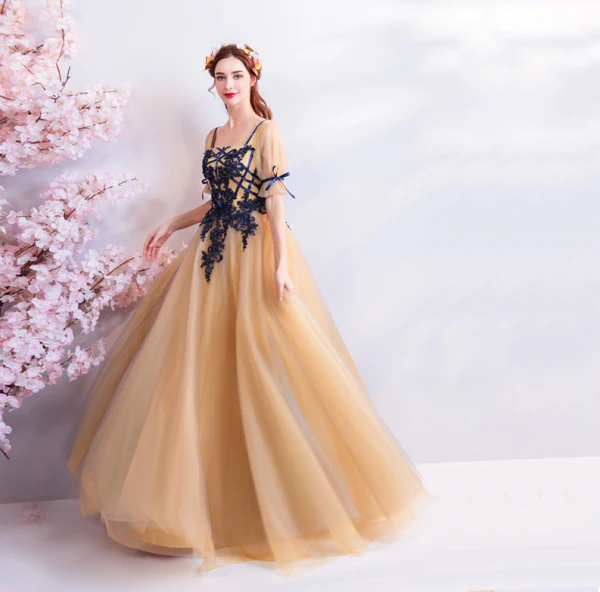 Classic Elegant Yellow Floor-Length / Long Evening Dresses  2018 A-Line / Princess U-Neck Tulle Embroidered Backless Beading Evening Party Prom Dresses