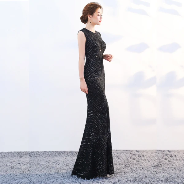 Sparkly Bling Bling Floor-Length / Long Black Evening Dresses 2018 Trumpet / Mermaid U-Neck Zipper Up Beading Sequins Evening Party Formal Dresses