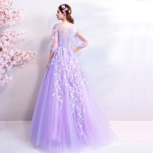 Flower Fairy Lavender Floor-Length / Long Prom Dresses 2018 A-Line / Princess Tulle U-Neck Appliques Backless Beading Evening Party Prom Formal Dresses