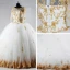 Luxe Ivoor Chapel Train Huwelijk 2018 Baljurk Lace-up U-hals Tule Appliques Ruglooze Kralen Pailletten Trouwjurken