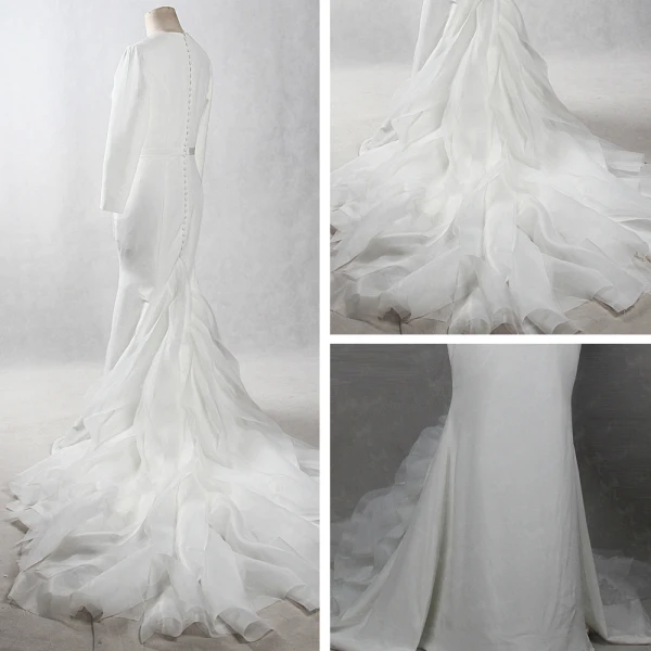 Vintage / Retro Ivory Chapel Train 2018 Wedding Trumpet / Mermaid Long Sleeve Scoop Neck Charmeuse Puffy Buttons Wedding Dresses