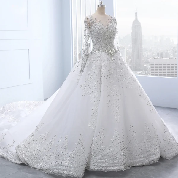 Luxury / Gorgeous White Royal Train Wedding 2018 Tulle U-Neck Backless Beading Crystal Rhinestone Ball Gown Wedding Dresses