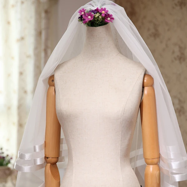 Modest / Simple White Wedding Short Striped Tulle 1.5 m Wedding Veils 2018