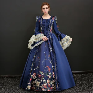 Vintage Retro Traditional Floor Length Long Ball Gown Navy Blue Prom Dresses 2018 Lace Up U Neck Charmeuse Backless Printing Prom Formal Dresses