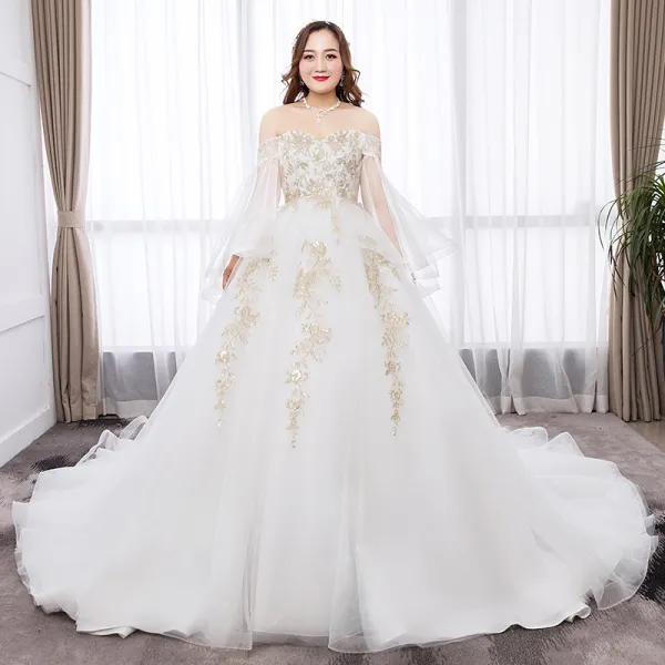 Chic / Beautiful White Ball Gown Plus Size Wedding Dresses 2019 Tulle Long Sleeve Appliques Backless Embroidered Sequins Strapless Chapel Train Wedding