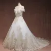 Amazing / Unique Gold White Plus Size Wedding Dresses 2019 A-Line / Princess Lace Charmeuse Strapless Appliques Backless Beading Handmade  Court Train Wedding