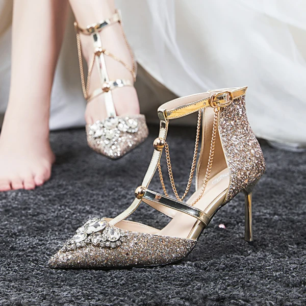 Luxury / Gorgeous Gold Wedding Shoes 2020 9 cm Pointed Toe Beading Sequins Rhinestone Cocktail Party Evening Party Womens Shoes