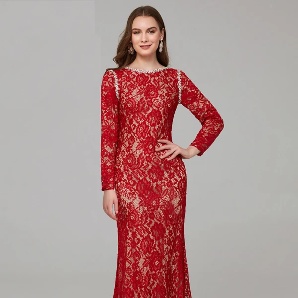Chic / Beautiful Red Mother Of The Bride Dresses 2020 Trumpet / Mermaid Long Sleeve U-Neck Beading Embroidered Rhinestone Sweep Train Wedding Evening Party Wedding Party Dresses