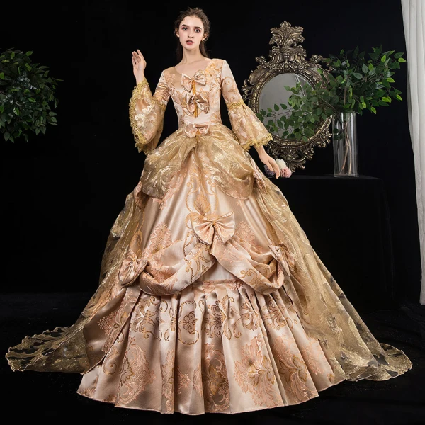 Vintage / Retro Medieval Bling Bling Fabulous Gold Ball Gown Prom Dresses 2021 Long Sleeve 3D Lace V-Neck Puffy Printing Chapel Train Cosplay
