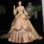 Vintage / Retro Medieval Bling Bling Fabulous Gold Ball Gown Prom Dresses 2021 Long Sleeve 3D Lace V-Neck Puffy Printing Chapel Train Cosplay