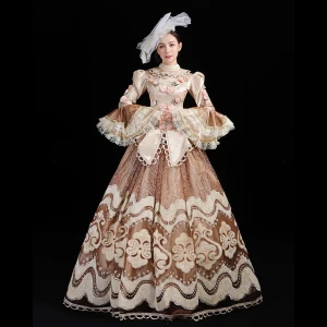 Vintage Retro Medieval Champagne Ball Gown Prom Dresses 2021 Long Sleeve High Neck Floor Length Long 3d Lace Appliques Embroidered Flower Cosplay Prom Formal Dresses