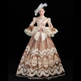 Vintage Retro Medieval Champagne Ball Gown Prom Dresses 2021 Long Sleeve High Neck Floor Length Long 3d Lace Appliques Embroidered Flower Cosplay Prom Formal Dresses