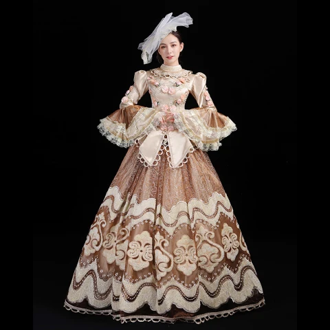 Vintage / Retro Medieval Champagne Ball Gown Prom Dresses 2021 Long Sleeve High Neck Floor-Length / Long 3D Lace Appliques Embroidered Flower Cosplay Prom Formal Dresses