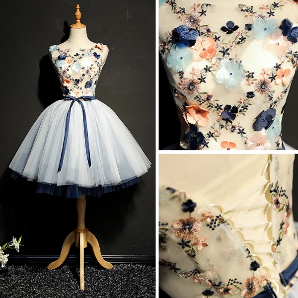 Chic / Beautiful Navy Blue Graduation Dresses 2018 Homecoming A-Line / Princess Tulle U-Neck Embroidered Appliques Backless Beading Cocktail Party Formal Dresses