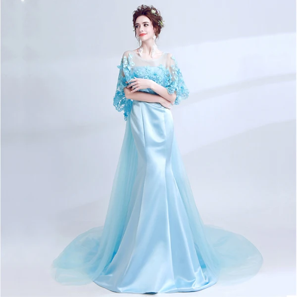 Classic Elegant Sky Blue Evening Dresses 2018 Trumpet / Mermaid U-Neck Charmeuse Butterfly Backless Embroidered Evening Party Formal Dresses