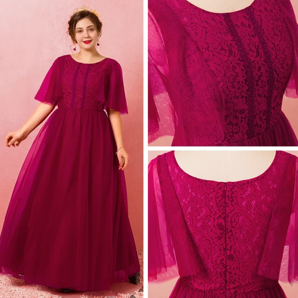 Modest / Simple Burgundy Plus Size Evening Dresses 2018 A-Line / Princess Lace-up Tulle U-Neck Appliques Backless Evening Party Formal Dresses